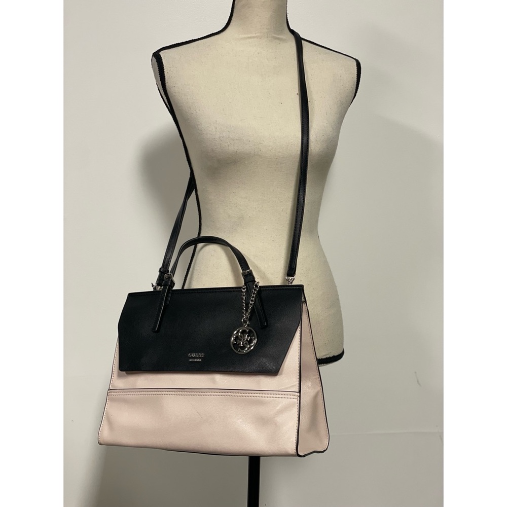 Guess Two-Tone Black and Blush Satchel with Chain Charm